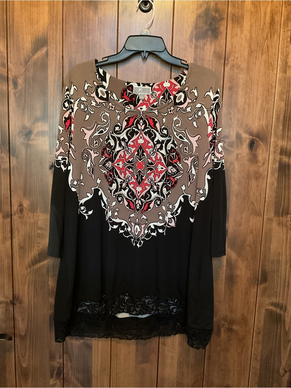 JM Collection Black, Taupe & Red Printed Lace-Hem Tunic